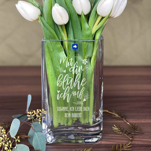 Mit dir blühe ich auf - Vase mit romantischer Gravur & 2 Zeilen Wunschtext