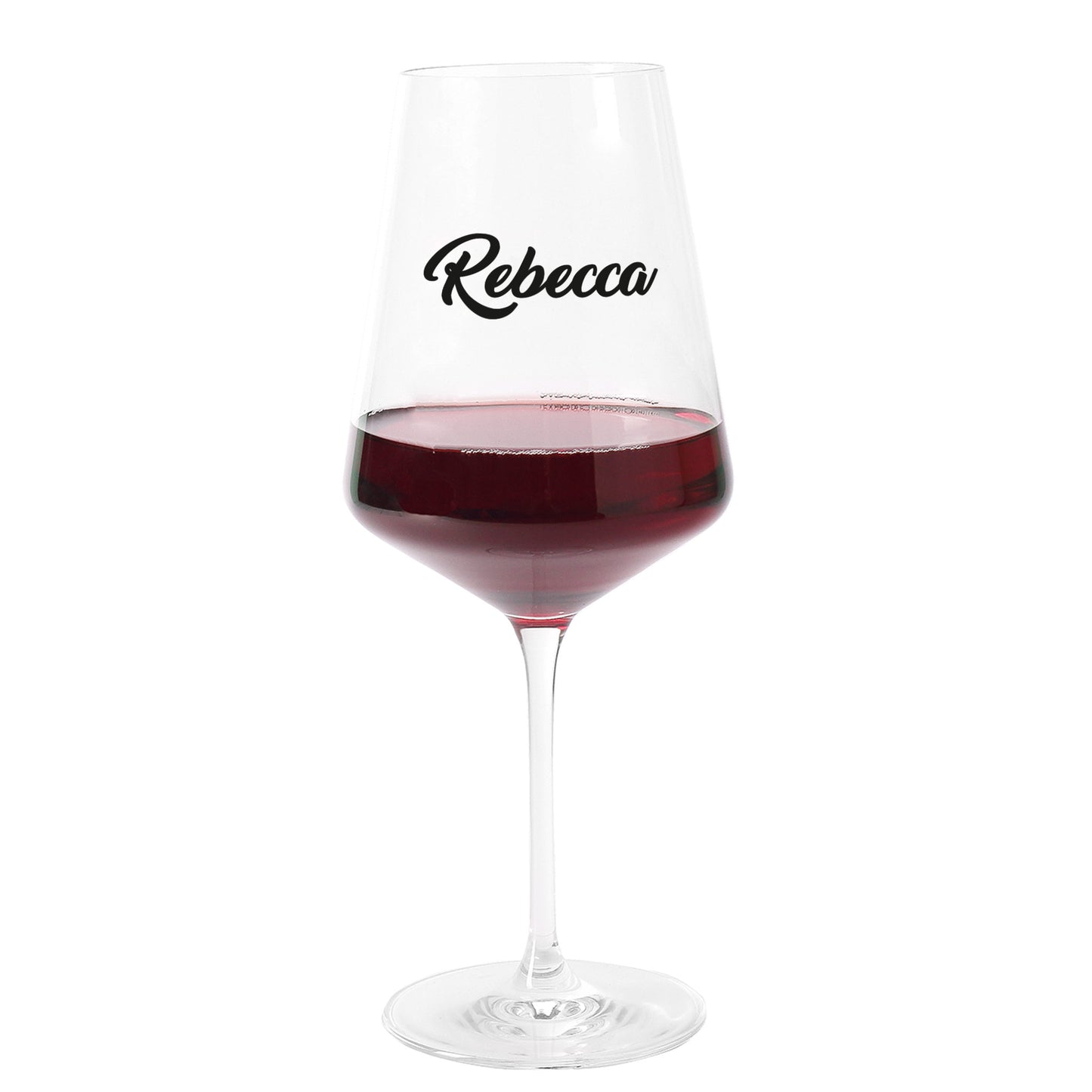 Freigestelltes Leonardo Weinglas mit personalisiertem Namen und rotem Wein auf weißem Hintergrund