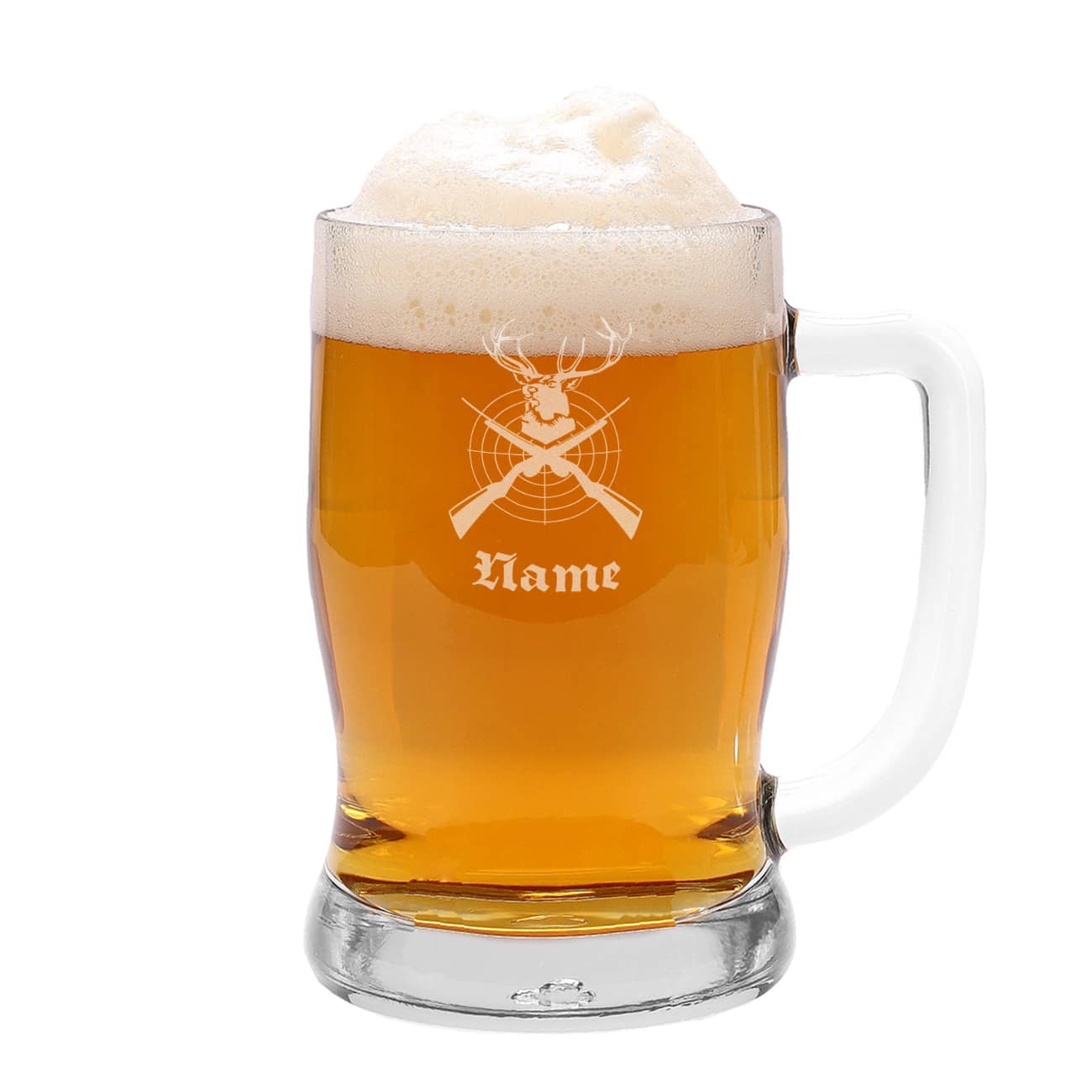gravierter Bierkrug für Jäger mit Name und Jagdmotiv, 0,5 L