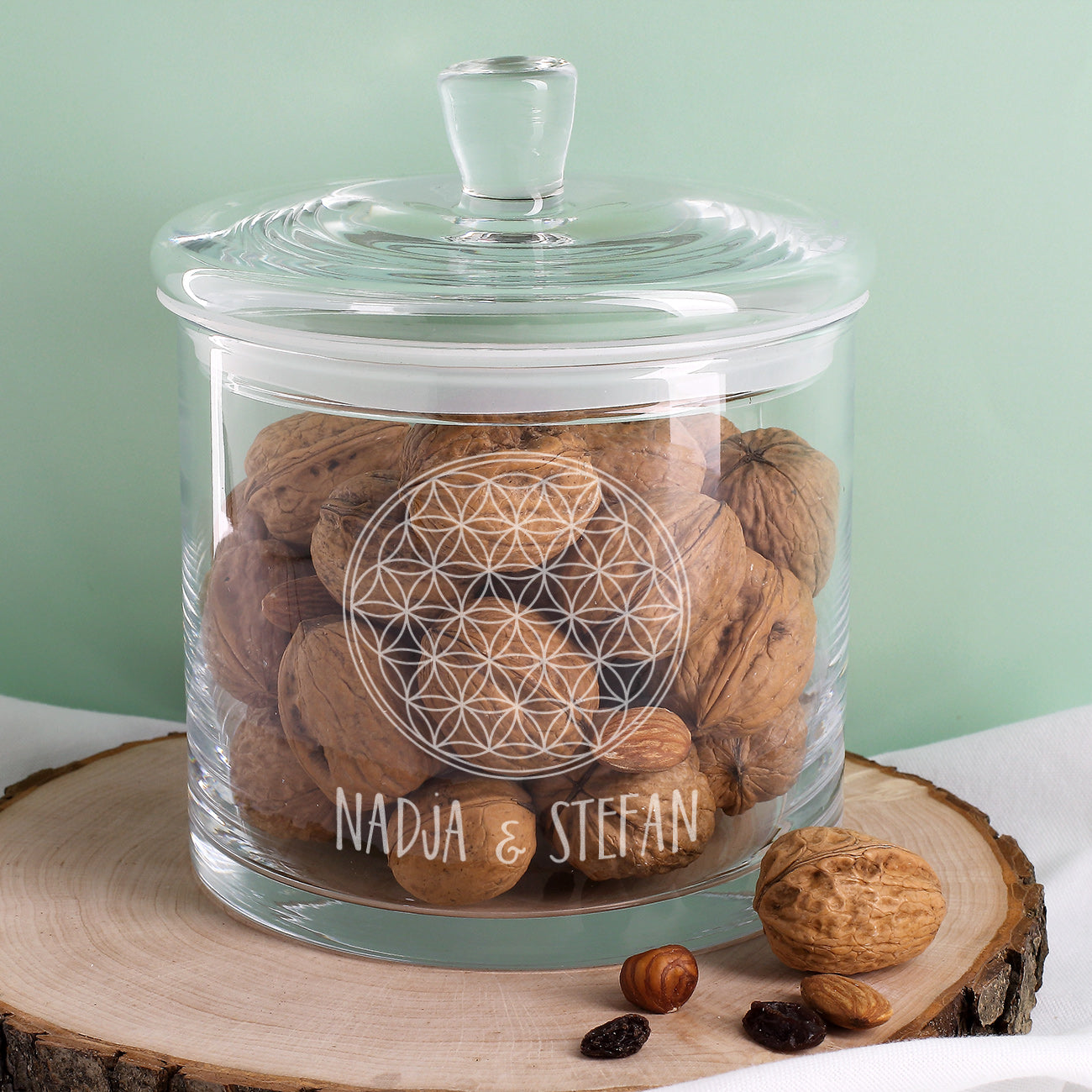 Leonardo Glasdose mit Lebensblume und Wunschtext