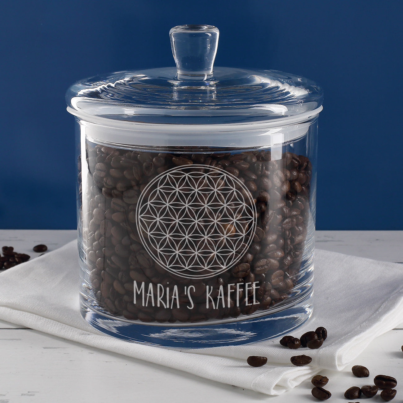 Leonardo Glasdose mit Lebensblume und Wunschtext