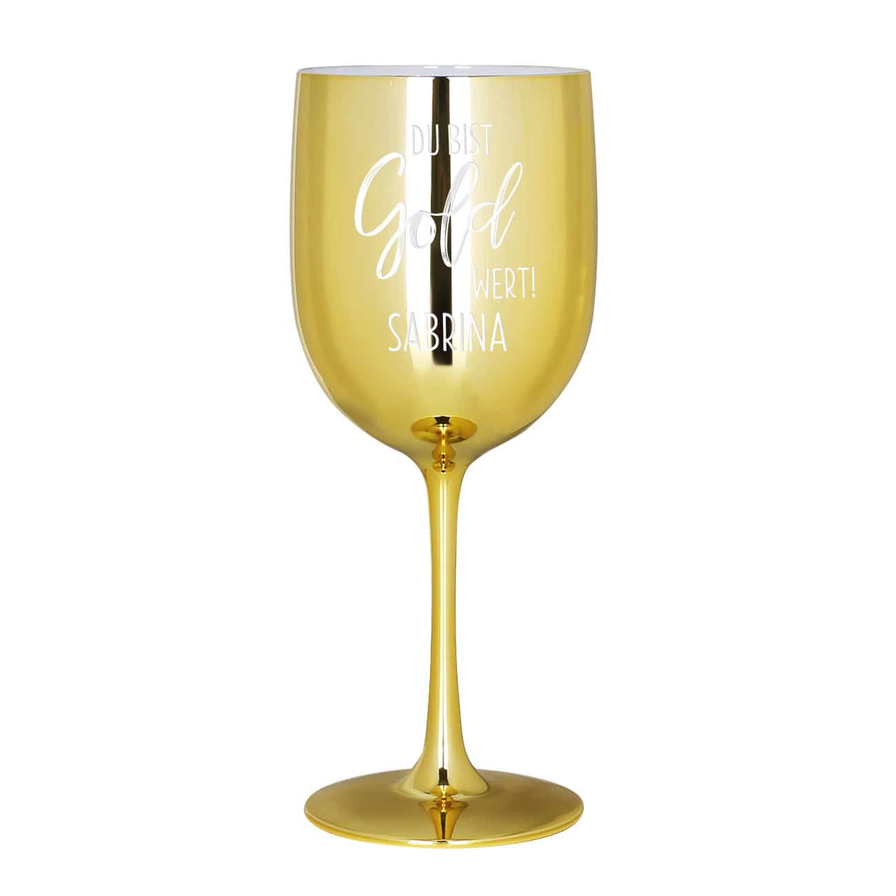 Weiße Gravur mit Name auf goldenem Trinkkelch
