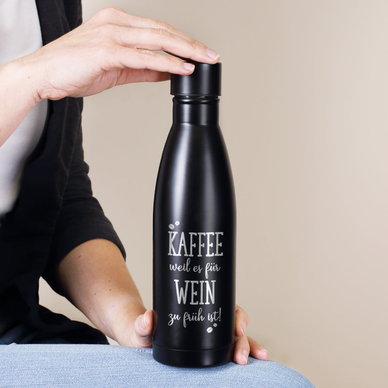 Thermosflasche mit Kaffeemotiv und Wunschtext