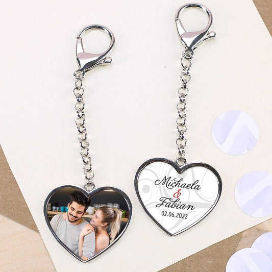 2-seitiger Schlüsselanhänger zur Hochzeit mit Foto, Namen und Datum