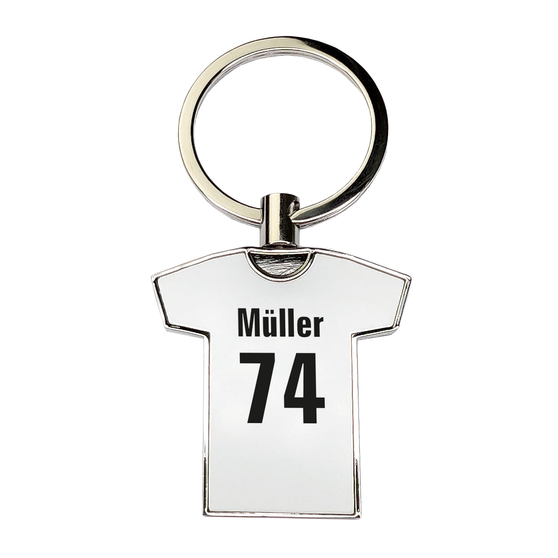 Vorderseite eines weißen Schlüsselanhängers in T-Shirt-Form mit schwarzem Aufdruck