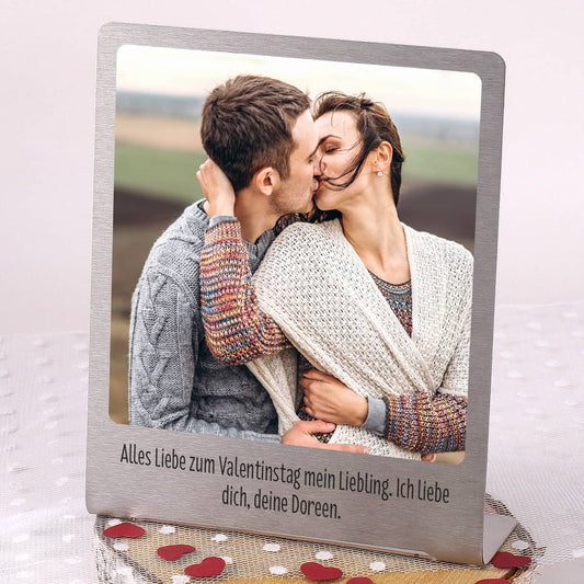 Großer Edelstahl Fotorahmen mit Ihrem Lieblingsfoto und Wunschtext