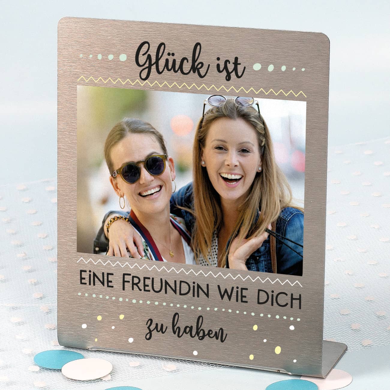 Glück ist... Foto-Aufsteller mit Ihrem Bild und Wunschtext 14x17 cm