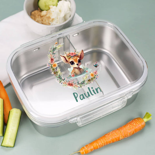Metall -Brotdose mit Rehkitzmotiv und Wunschname bedruckt