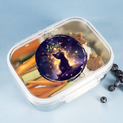 Brotdose aus Edelstahl mit magischer Katze als Aufdruck und Name