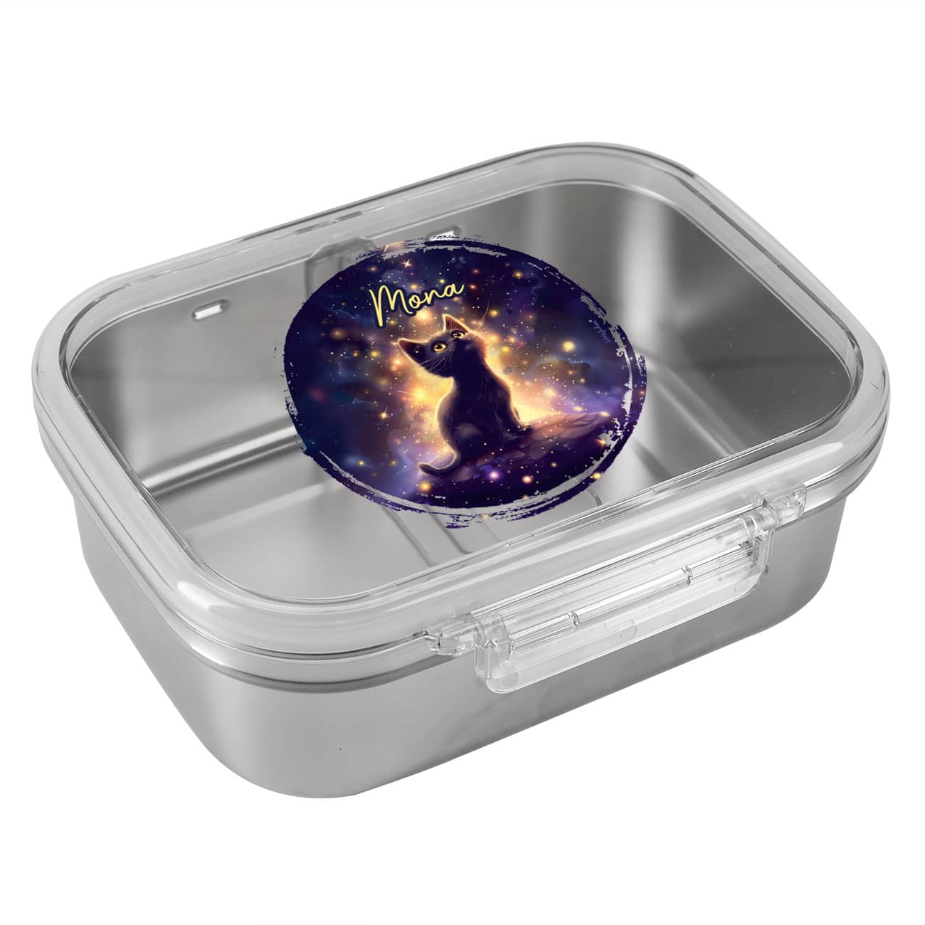 Brotdose aus Edelstahl mit magischer Katze als Aufdruck und Name