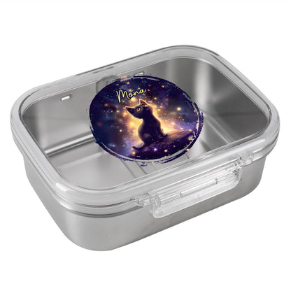 Brotdose aus Edelstahl mit magischer Katze als Aufdruck und Name