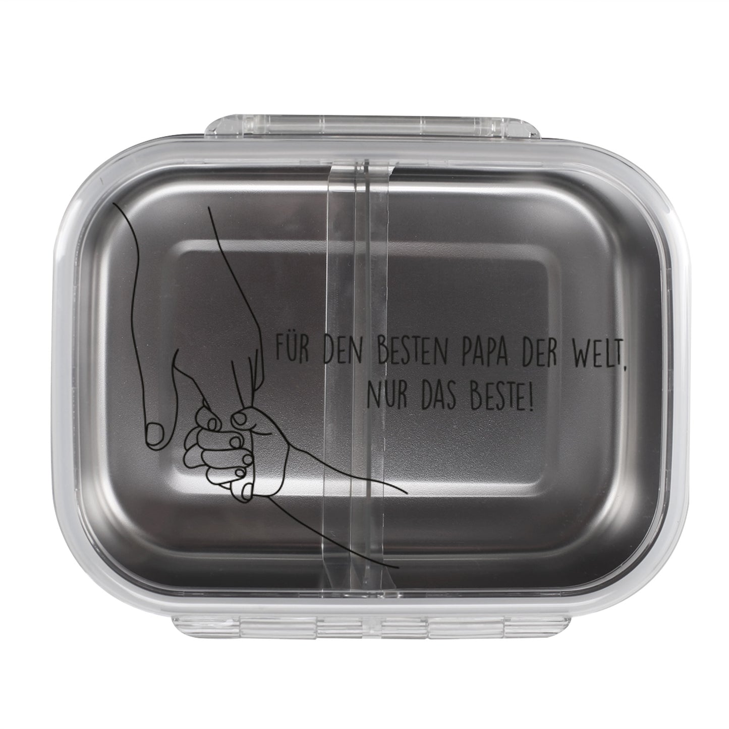 Brotdose von oben mit Motiv „Für den besten Papa der Welt“ und gezeichneten Händen
