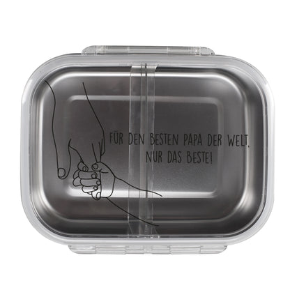 Brotdose von oben mit Motiv „Für den besten Papa der Welt“ und gezeichneten Händen