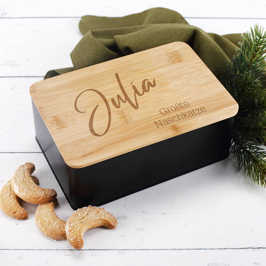 Metalldose mit Bambusdeckel graviert mit Name & Text