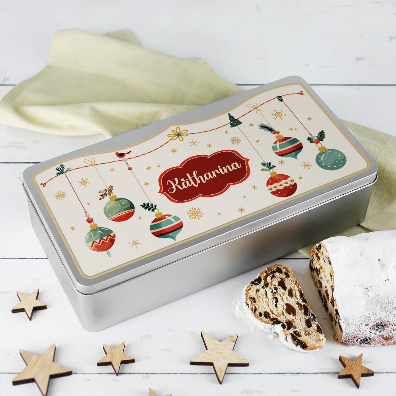 Weihnachtliche Geschenkdose mit Name bedruckt