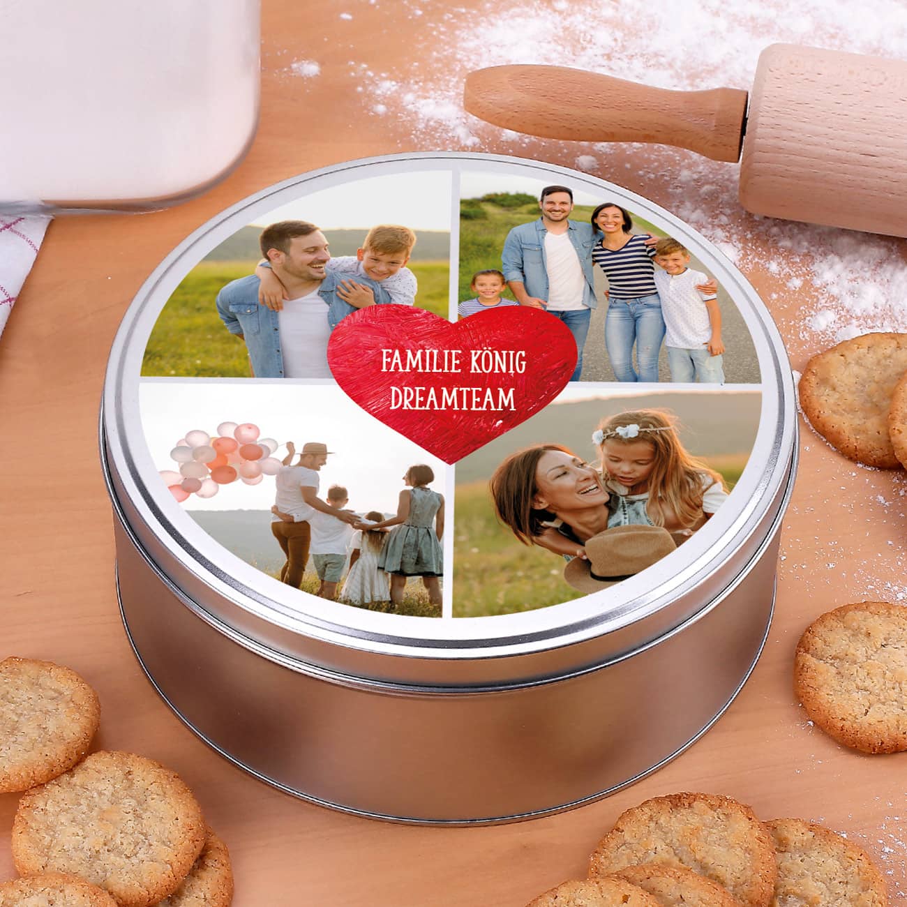 Keksdose mit Fotos und Wunschtext im Herz