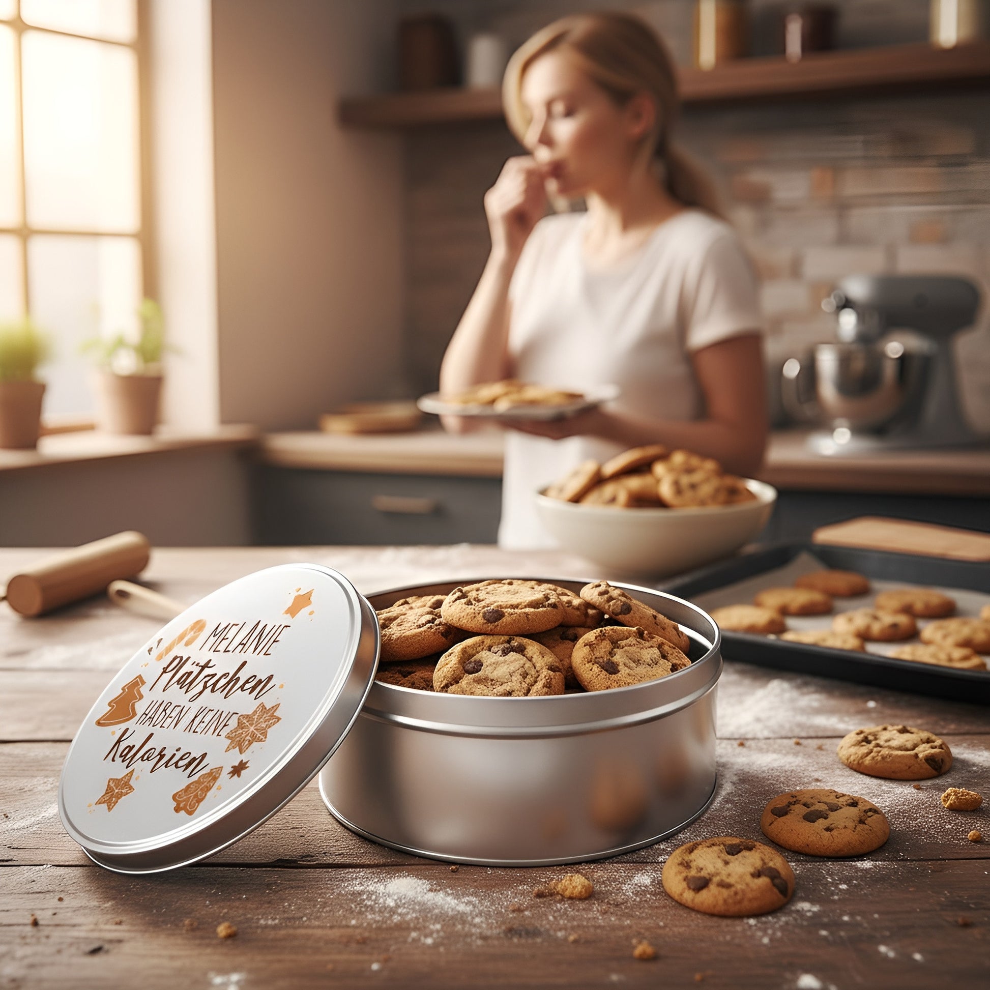 Personalisierte silberne Keksdose mit Aufdruck „Plätzchen haben keine Kalorien“ und Name Melanie auf Holztisch, gefüllt mit Chocolate Chip Cookies.