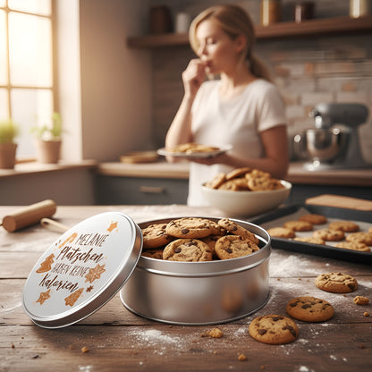 Personalisierte silberne Keksdose mit Aufdruck „Plätzchen haben keine Kalorien“ und Name Melanie auf Holztisch, gefüllt mit Chocolate Chip Cookies.
