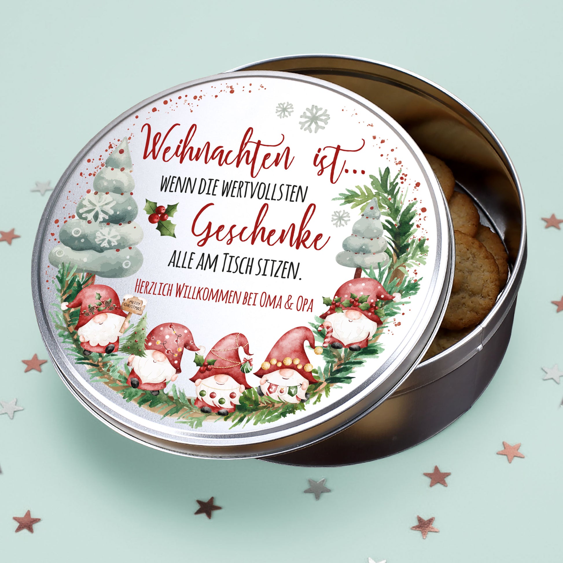 Keksdose mit Wichtelkranz und Spruch – Willkommen bei Oma & Opa