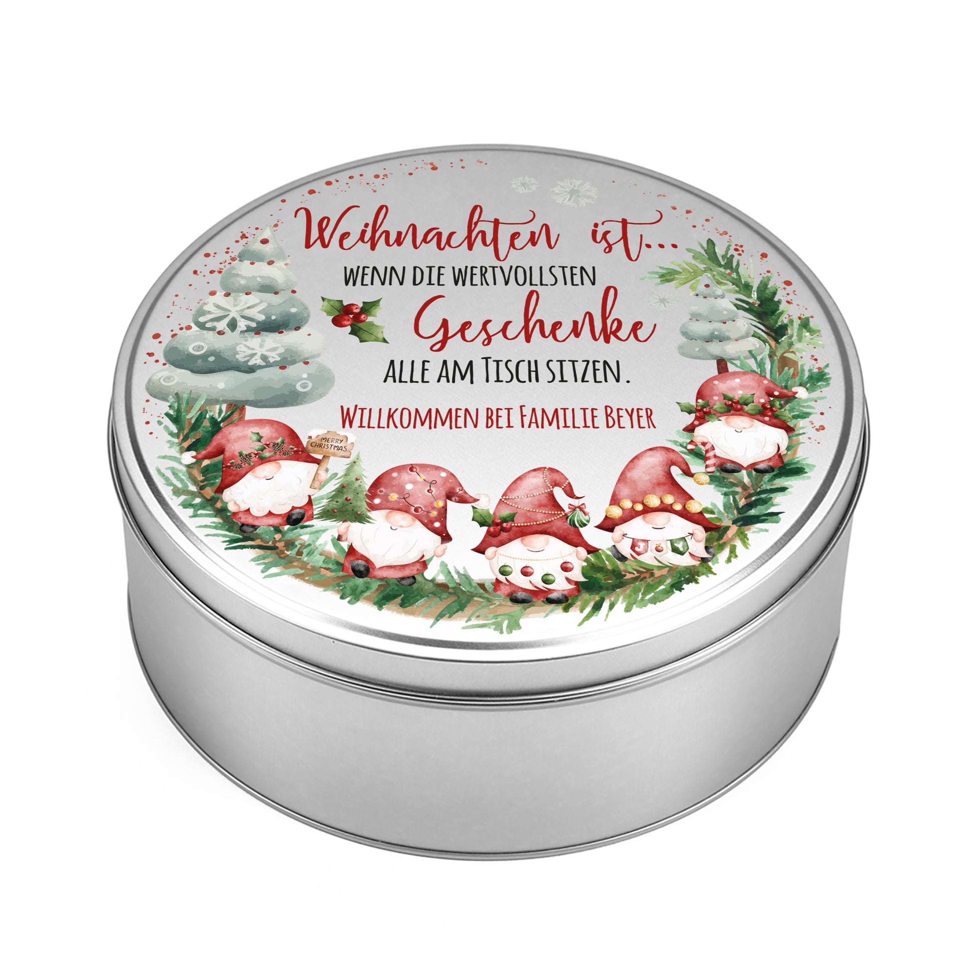 Personalisierte Plätzchendose mit Wichtelmotiv und weihnachtlichem Spruch – freigestellt auf Weiß