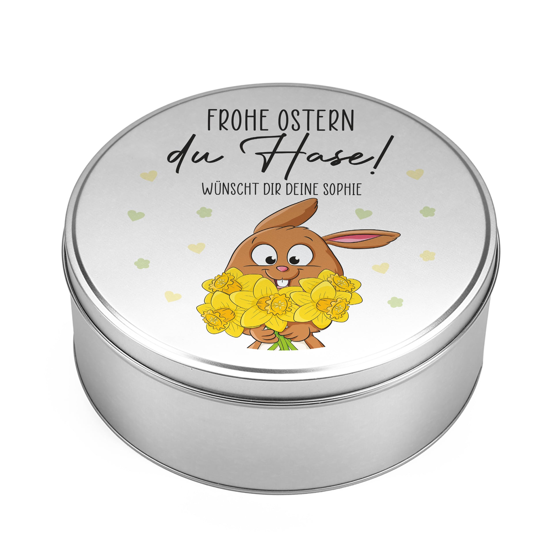 Personalisierte Keksdose aus Metall mit Osterhase und Frühlingsblumen Motiv