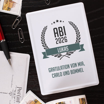 Abitur Blechpostkarte mit Glückwunschtext und Name auf dunklem Holz Hintergrund