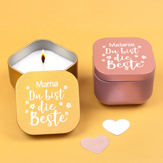 Duftkerze mit Vanilleduft in Gold und Roségold, personalisiert mit „Mama“ und „Melanie“, Motiv „Du bist die Beste“