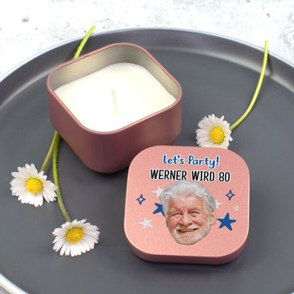 Personalisierte Duftkerze zum runden Geburtstag mit Foto, Name und Let’s Party Motiv