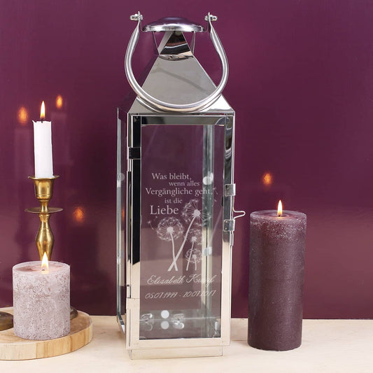 gravierte Edelstahllaterne mit Spruch und Personalisierung