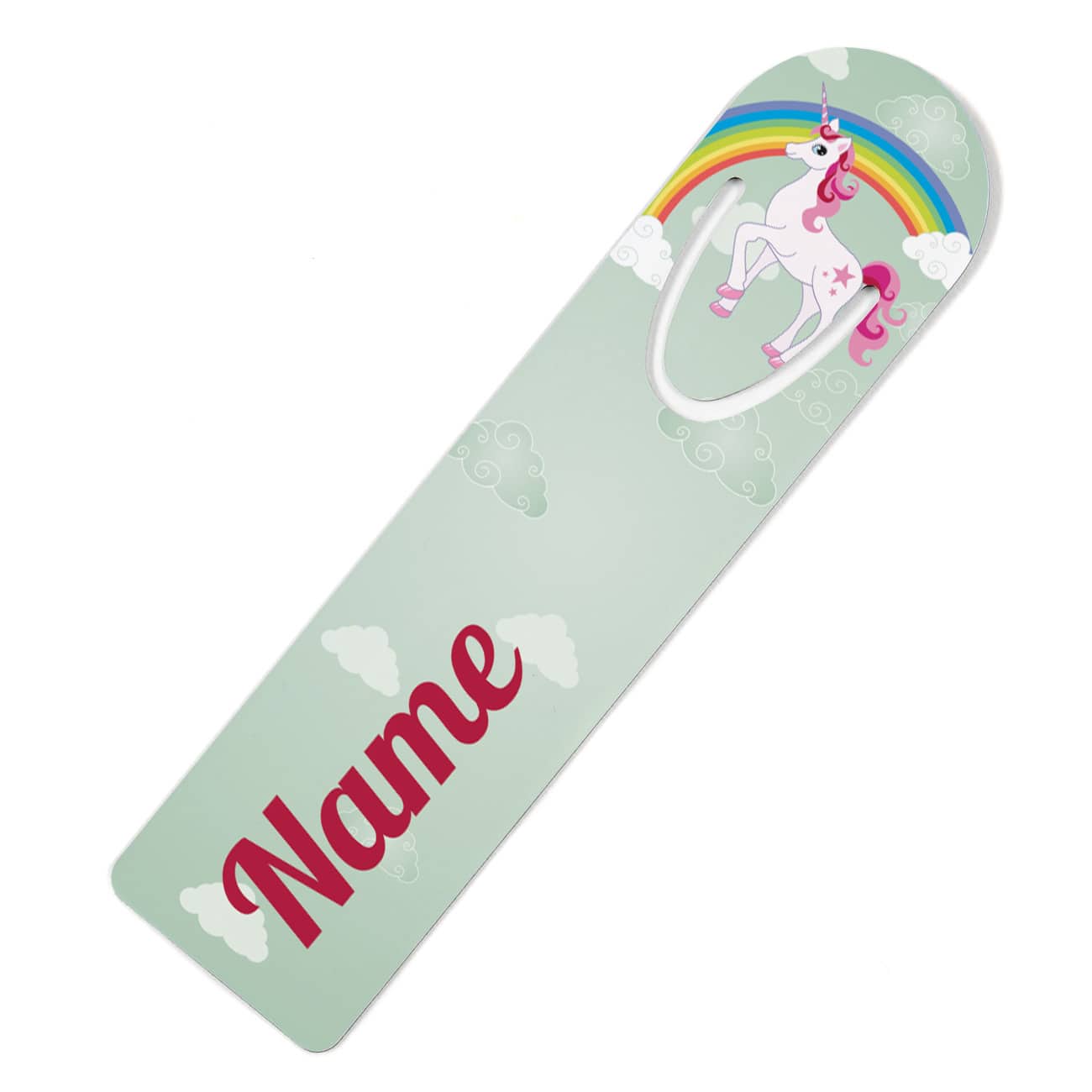 Lesezeichen mit Name und Einhorn auf Regenbogen