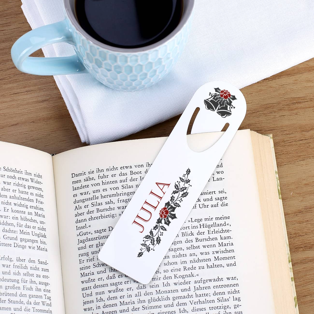 Lesezeichen mit Weihnachtsmotiv und Name bedruckt