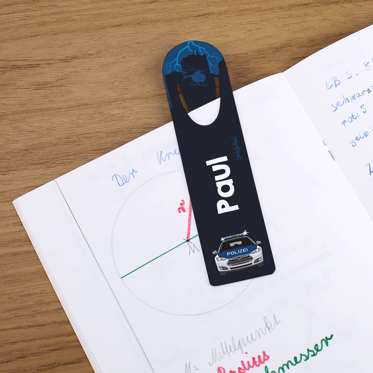 Lesezeichen mit Streifenwagen und Name