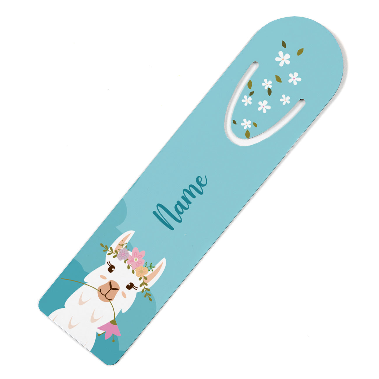 Lesezeichen mit Lama, bunten Blumen und Name bedruckt