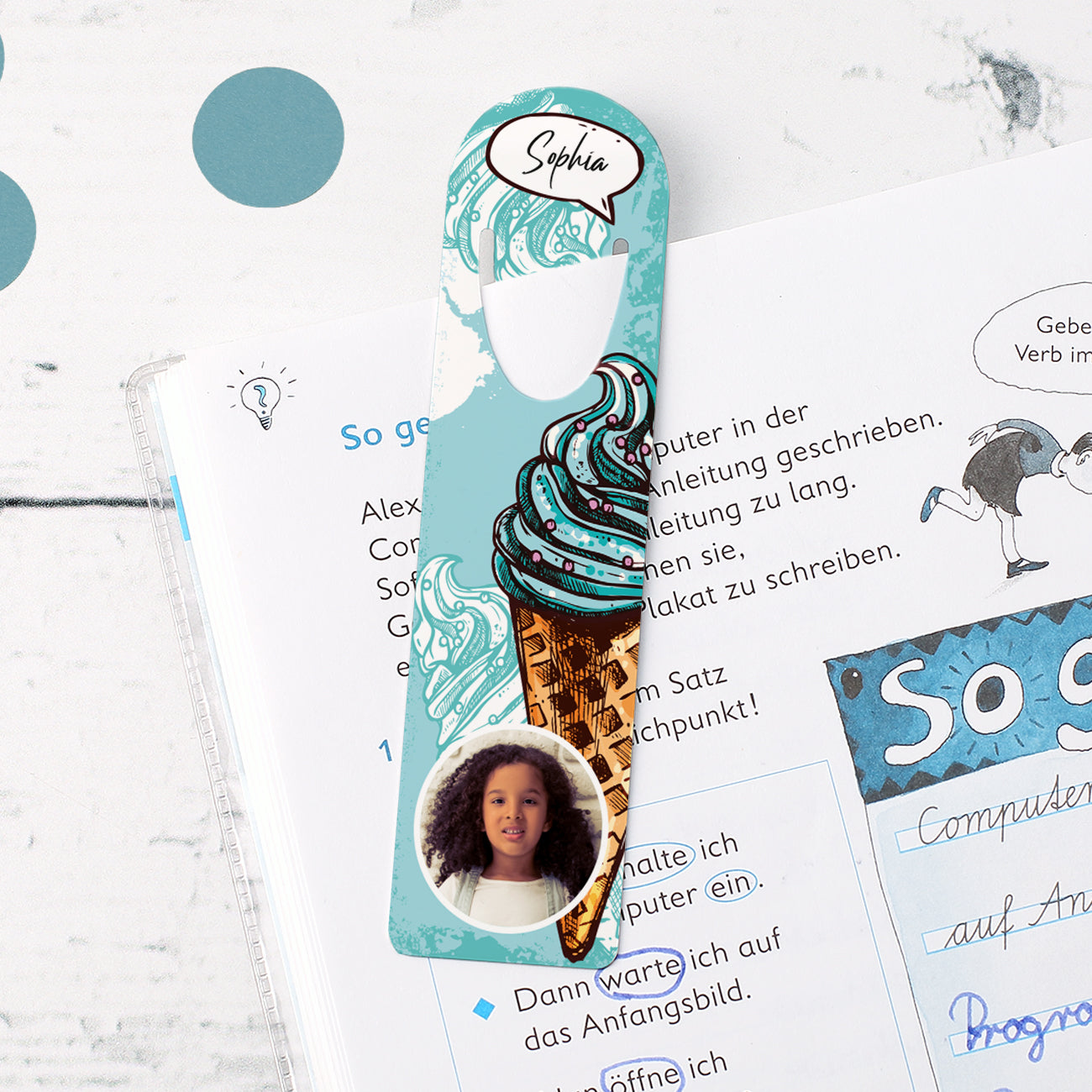 Lesezeichen aus Metall mit Foto, Name und mintfarbenem Eismotiv