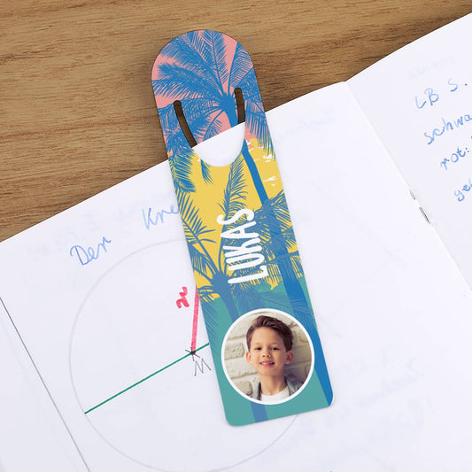 Lesezeichen mit Foto, Name und Palmenmotiv