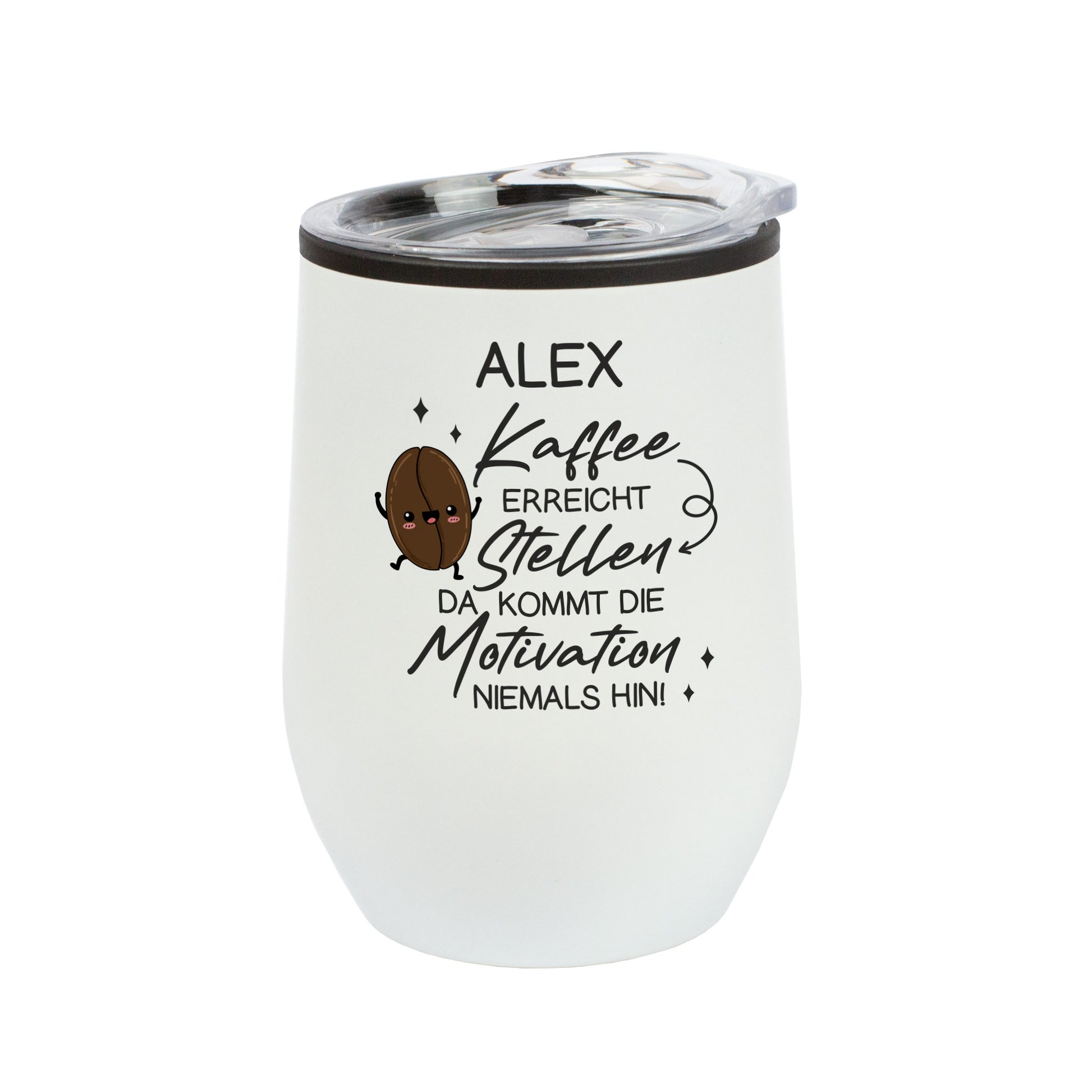 Weißer Thermobecher mit Name Alex und Kaffee-Motiv freigestellt