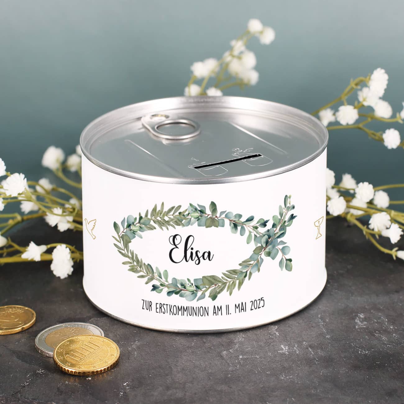 Geldgeschenk zu Kommunion, Konfirmation - Spardose mit Fisch, Name & Text