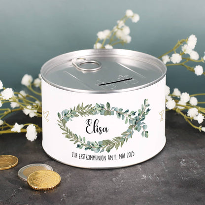 Geldgeschenk zu Kommunion, Konfirmation - Spardose mit Fisch, Name & Text