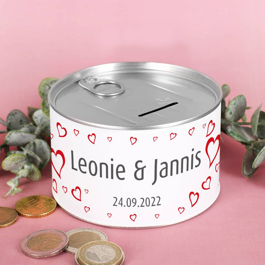 Aufreiß-Spardose zur Hochzeit mit Namen und Datum bedruckt