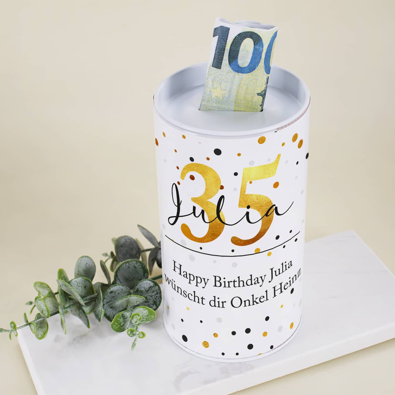 Spardose aus Blech bedruckt mit Alter, Name & Text nach Wunsch