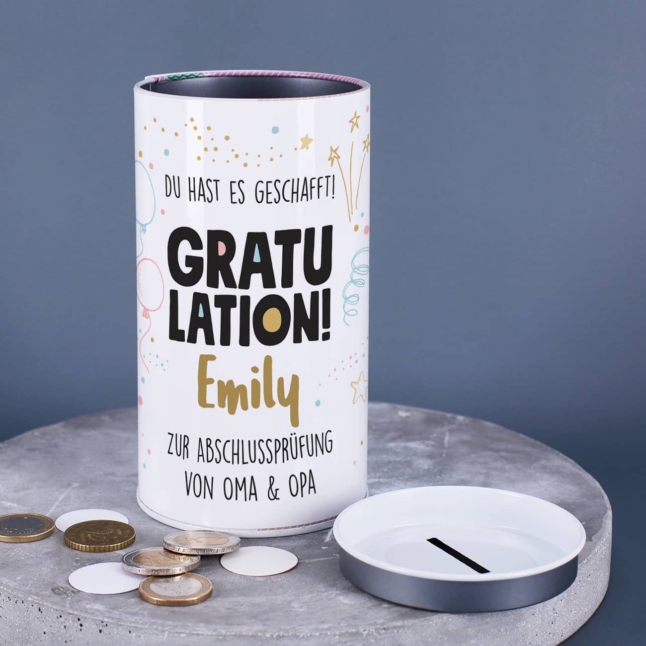 Blechspardose als Geldgeschenk für Errungenschaften