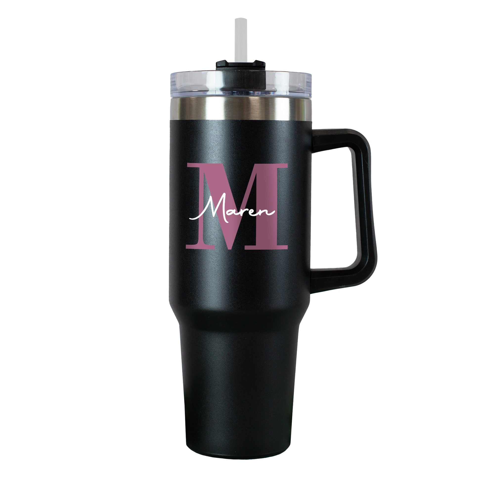 Freigestelltes Bild des Thermobechers in Schwarz mit rosa Monogramm und weißem Namen