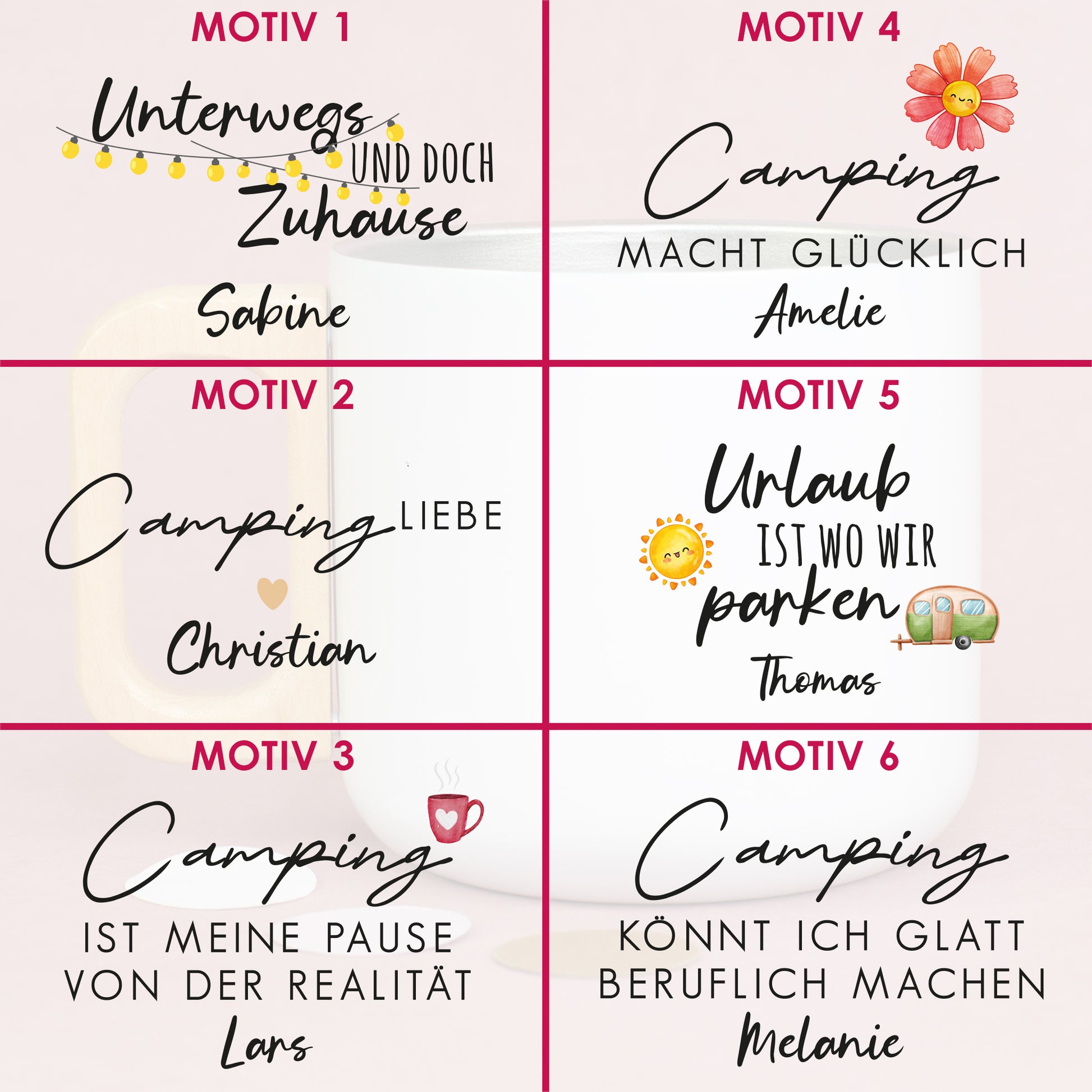 Übersicht der wählbaren Campingmotive für personalisierte Edelstahlbecher mit Holzgriff in Schwarz oder Weiß