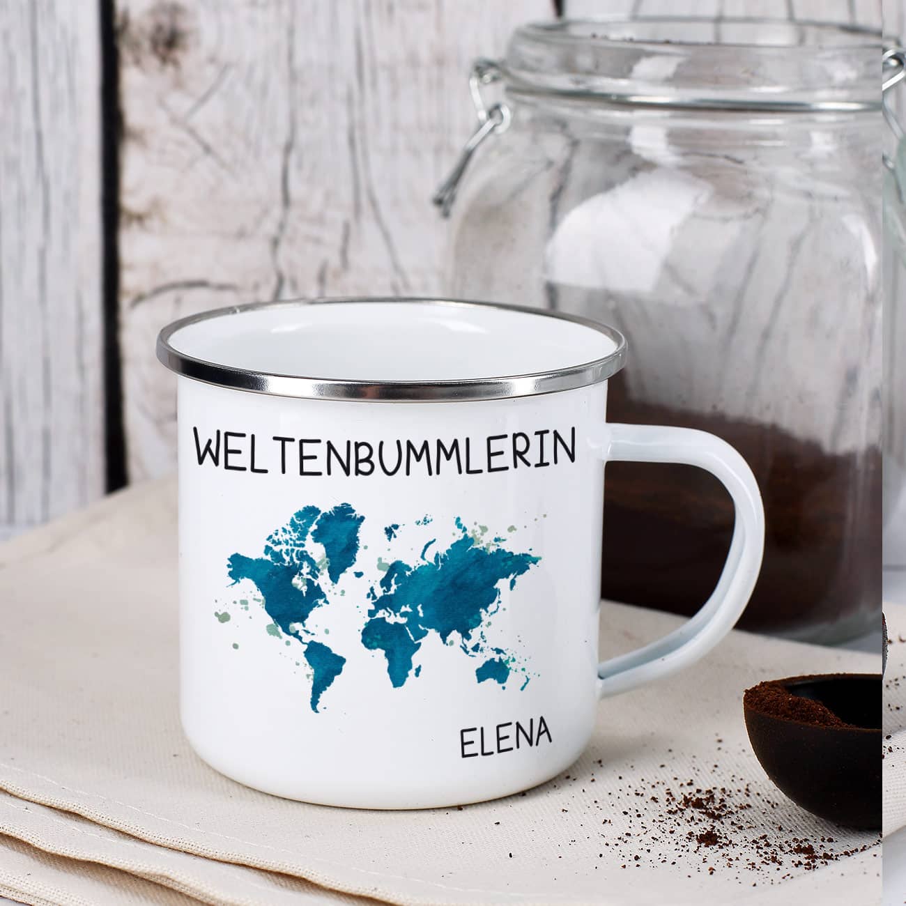 Emaillebecher für Weltenbummlerin