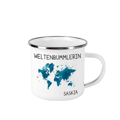 Emaillebecher für die Weltenbummlerin mit Ihrem Wunschnamen