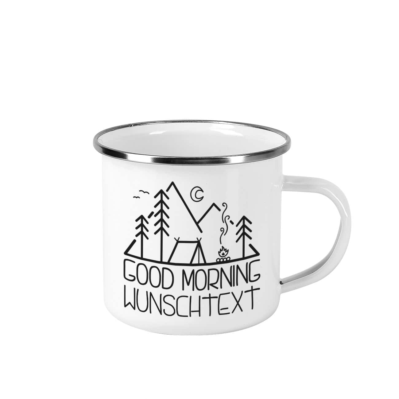 Emailletasse mit Camping-Motiv und Ihrem Wunschtext