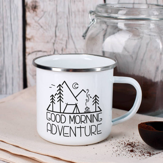 Emailletasse mit Camping-Motiv und Ihrem Wunschtext