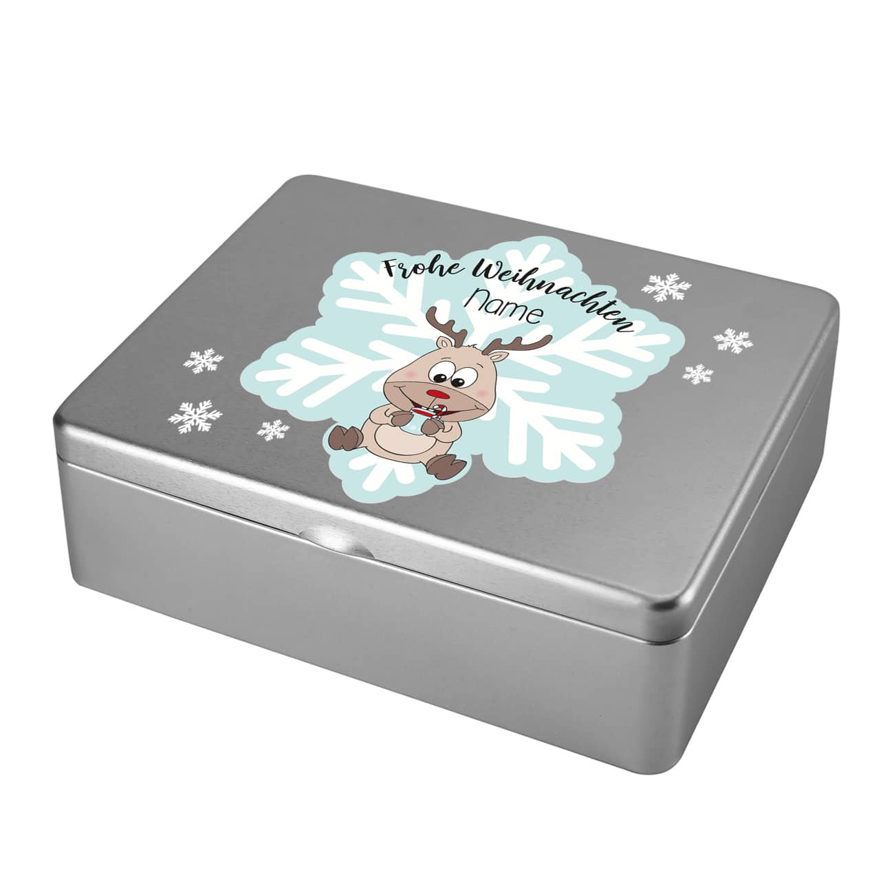 Teebox zu Weihnachten mit Ihrem Wunschnamen und Rentiermotiv bedruckt