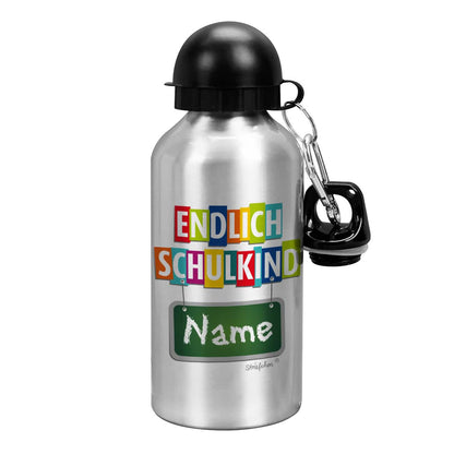 Silberne Trinkflasche bedruckt mit "Endlich Schulkind" und Ihrem Wunschname