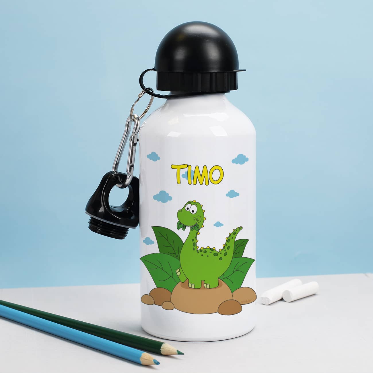 Trinkflasche mit niedlichem Dino und Name